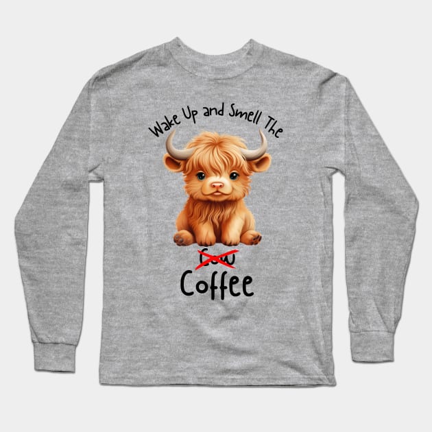 Cute Highland Cow Coffee Mug and Shirt Long Sleeve T-Shirt by VikingHeart Designs